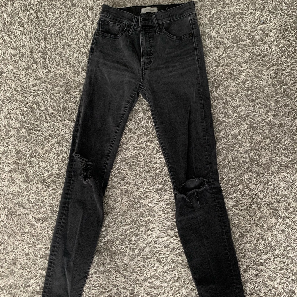 9” high rise black washed ripped jeans